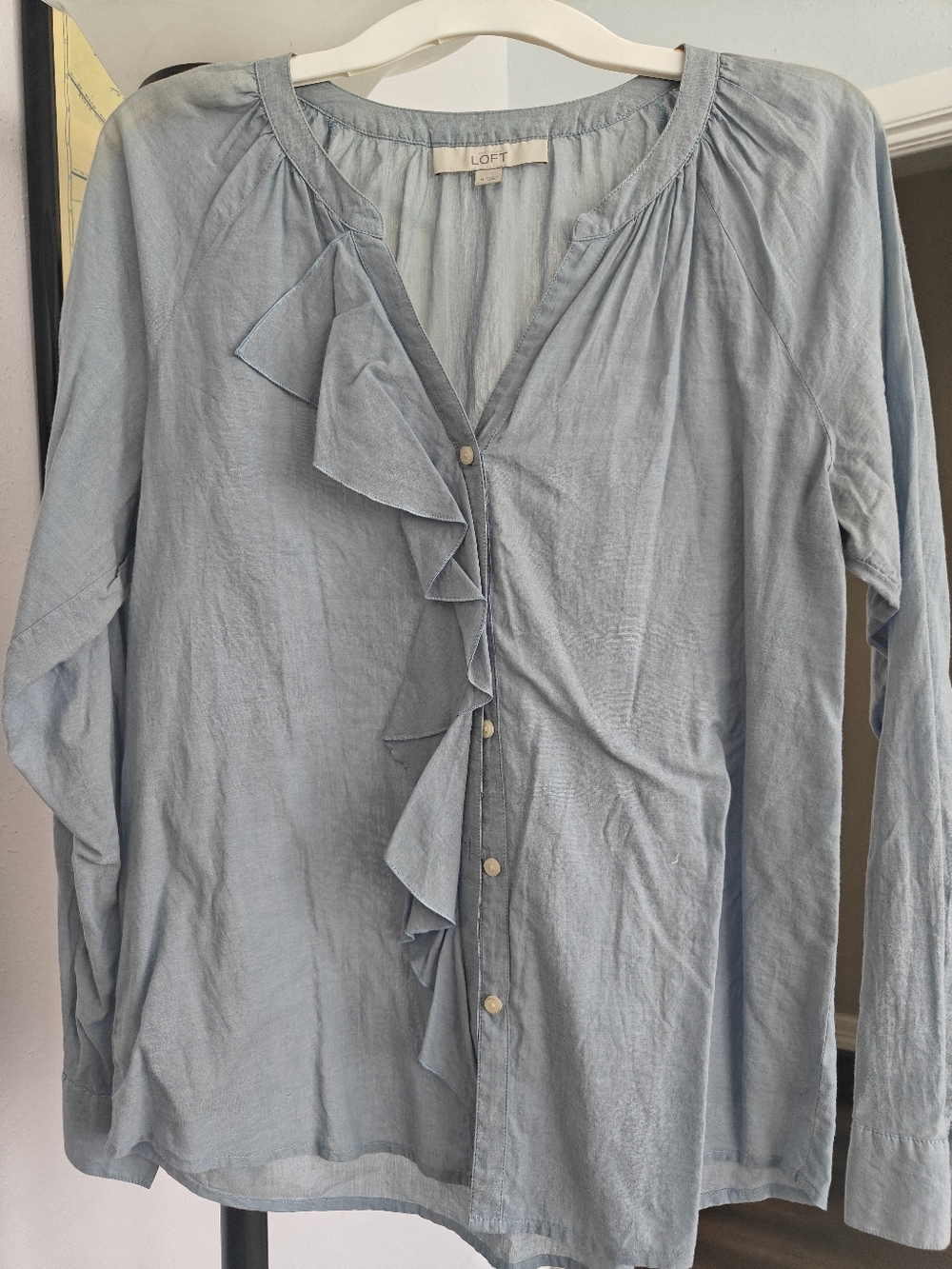 LOFT Pale Blue Ruffle-Front Long Sleeve Blouse